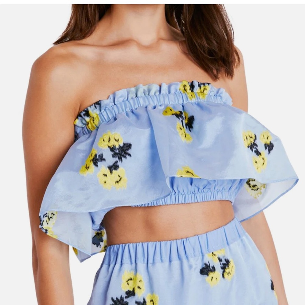 Tanya Taylor NWT Zoya Top Large Blue Yellow Black Ruffle Top only NWT Strapless